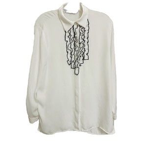 Zara Women’s Blouse White With Black Ruffled Trim Long Sleeve Button Up Top Sz S